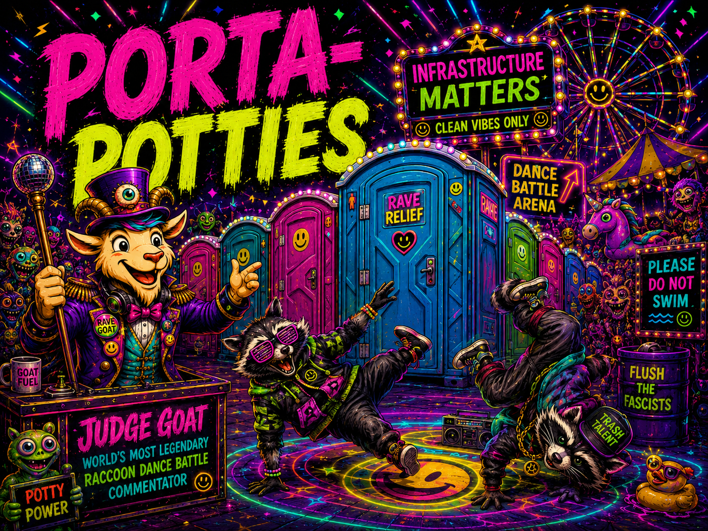 Porta-potties and the legendary RaveGoat raccoon dance battle